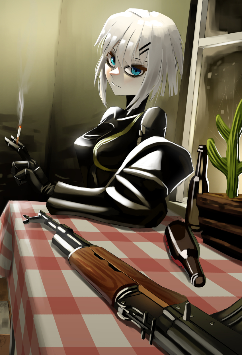 1girl absurdres akm assault_rifle bags_under_eyes black_bodysuit blue_eyes bodysuit bodysuit_under_clothes cactus cigarette coat cyberpunk gun hair_ornament hairclip highres holding holding_cigarette ivantsg kalashnikov_rifle looking_at_viewer marie_(peripeteia) open_clothes open_coat peripeteia rifle short_hair solo trench_coat weapon white_hair