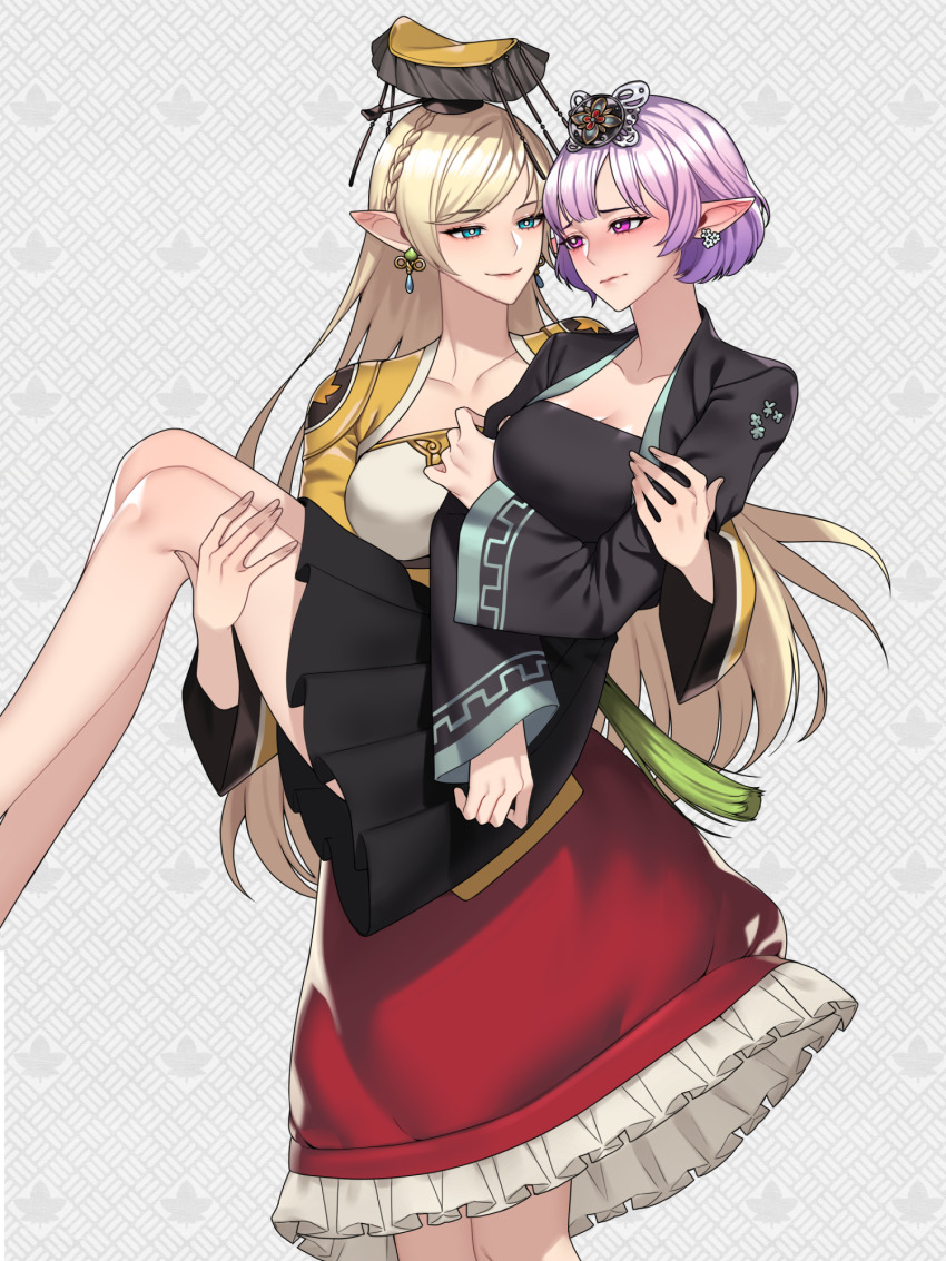 2girls blonde_hair breasts carrying carrying_person hanbok highres korean_clothes kuuky large_breasts lucid_(maplestory) maplestory mercedes_(maplestory) multiple_girls pointy_ears purple_hair skirt