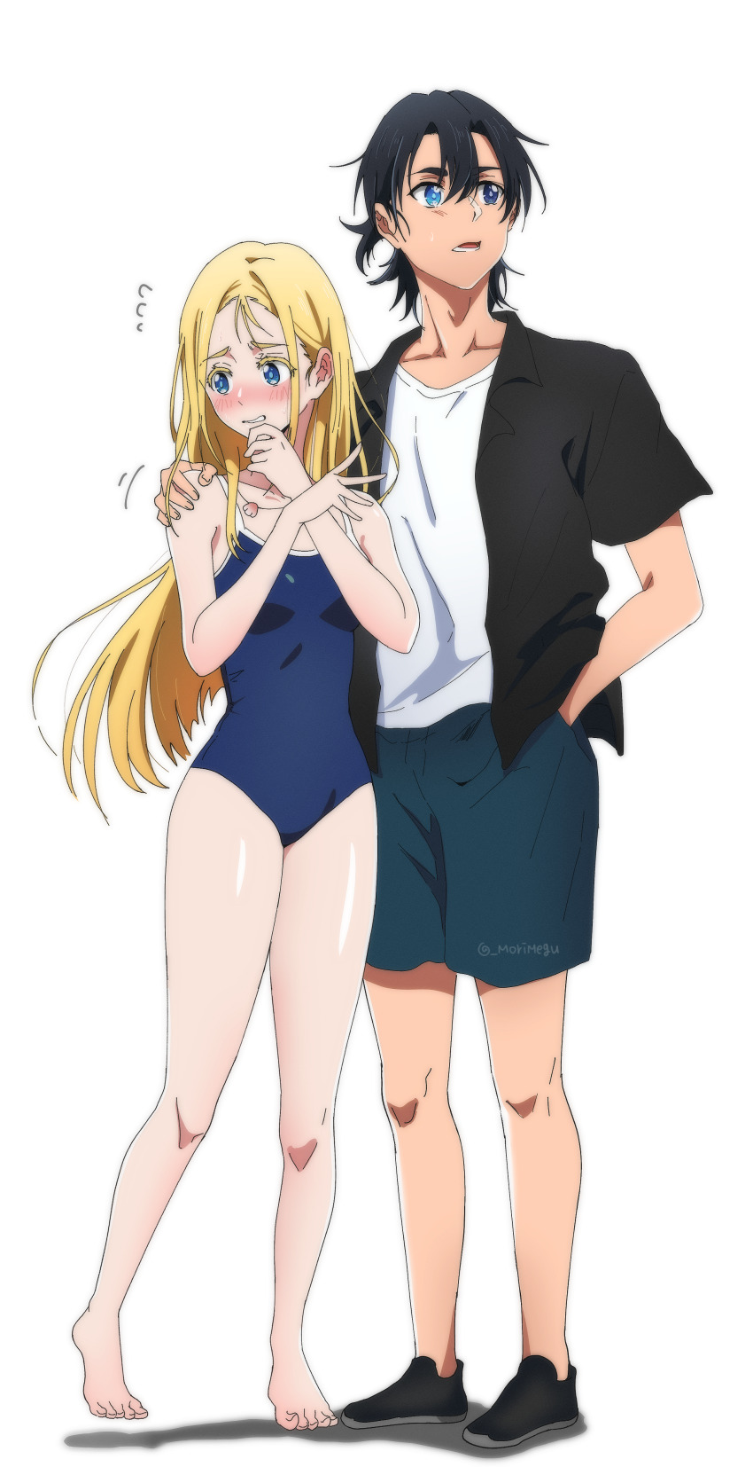 1boy 1girl absurdres ajiro_shinpei arm_around_neck artist_name barefoot black_hair blonde_hair blue_eyes blush breasts clenched_teeth competition_swimsuit feet hand_on_another&#039;s_shoulder highres jewelry kofune_ushio legs long_hair medium_breasts necklace nervous one-piece_swimsuit open_mouth shorts summertime_render swimsuit tan teeth thighs tongue very_long_hair