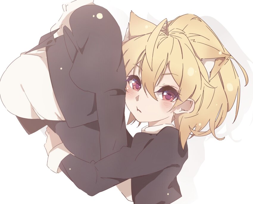 2girls :t ahoge andou_tazusa animal_ear_fluff animal_ears arm_at_side assault_lily black_ribbon black_skirt blonde_hair blush breasts cat_ears cat_girl commentary_request cropped_jacket cropped_torso drop_shadow from_side hair_between_eyes hand_up height_difference high-waist_skirt high_ponytail highres hug hug_from_behind juliet_sleeves kemonomimi_mode kuro_ula large_breasts long_sleeves looking_at_viewer looking_to_the_side medium_hair multiple_girls neck_ribbon parted_lips ponytail puffy_sleeves red_eyes ribbon school_uniform simple_background skirt solo_focus upper_body white_background yurigaoka_girls_academy_school_uniform