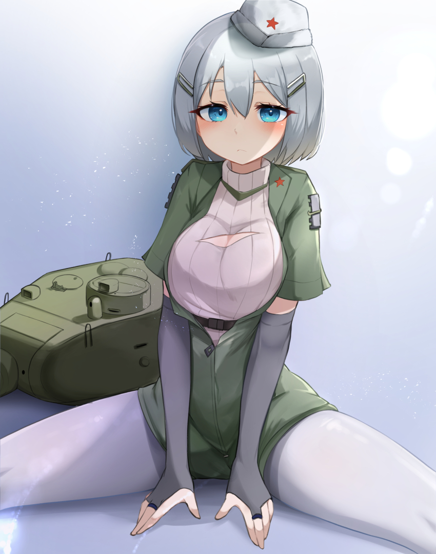 1girl absurdres blue_eyes blush breasts cleavage_cutout clothing_cutout daebom detached_sleeves garrison_cap gloves hat highres large_breasts looking_at_viewer military military_vehicle motor_vehicle non-web_source open_clothes pantyhose personification red_star simple_background sitting source_request star_(symbol) sweater t-34 t-34-85 tank thighhighs vehicle_and_personification war_thunder white_hair