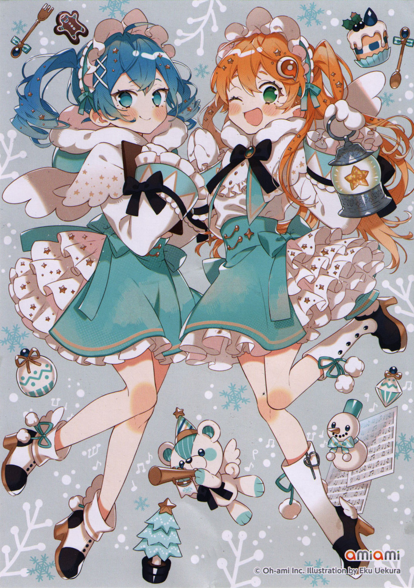 2girls :d ;d absurdres amiami_(company) amico angel_wings apron aqua_apron aqua_bow aqua_dress aqua_ribbon aura bauble black_bow black_footwear blue_eyes blue_hair blush blush_stickers boots bow brooch cake christmas christmas_cake christmas_ornaments christmas_tree christmas_tree_hat closed_mouth color_coordination colored_eyelashes conifer copyright_name copyright_notice crossed_bangs dessert dress drill_hair floating_hair food fork frilled_dress frilled_skirt frills full_body gingerbread_man gloves green_eyes greeting_card hair_ornament hand_on_own_chest hands_up hat high_five high_heel_boots high_heels highres holding holding_lantern hood hood_down jewelry knee_blush lantern leg_up lilco logo_hair_ornament long_hair long_sleeves looking_at_viewer maid_apron maid_headdress matching_outfits megaphone messy_hair mittens multi-tied_hair multiple_girls no_pupils non-web_source one_eye_closed open_mouth orange_hair party_hat platform_footwear ribbon scan self-scan shirt_tucked_in short_twintails side-tie_dress skirt smile snow_print snowflake_print snowman spoon star_(symbol) star_print striped_clothes striped_headwear stuffed_animal stuffed_toy teddy_bear thick_eyebrows twin_drills twintails uekura_eku white_dress white_footwear white_gloves white_mittens white_skirt wings winter x_hair_ornament