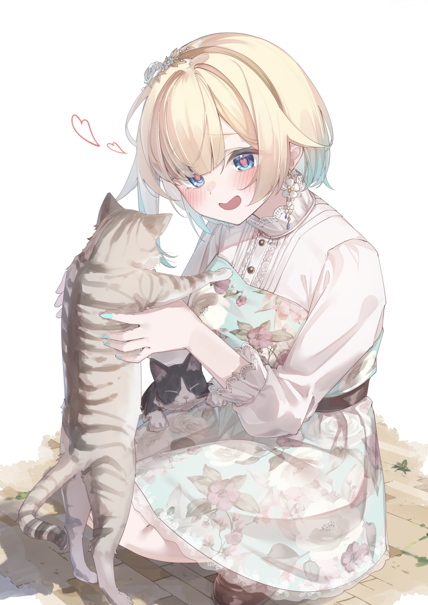 1girl absurdres aizawa_ema aizawa_ema_(3rd_costume) animal belt blue_eyes blunt_bangs blush bob_cut brown_footwear cat collared_dress dress earrings eyes_visible_through_hair floral_print floral_print_dress flower flower_earrings gradient_hair hair_flower hair_ornament hairband heart heart-shaped_pupils highres holding holding_animal jewelry kurumi_tsuchi lace-trimmed_collar lace-trimmed_sleeves lace_trim long_sleeves medium_dress multicolored_hair multiple_cats nail_polish open_mouth parted_bangs pavement print_dress see-through_dress_layer short_hair simple_background solo squatting symbol-shaped_pupils three-quarter_sleeves virtual_youtuber vspo! white_background