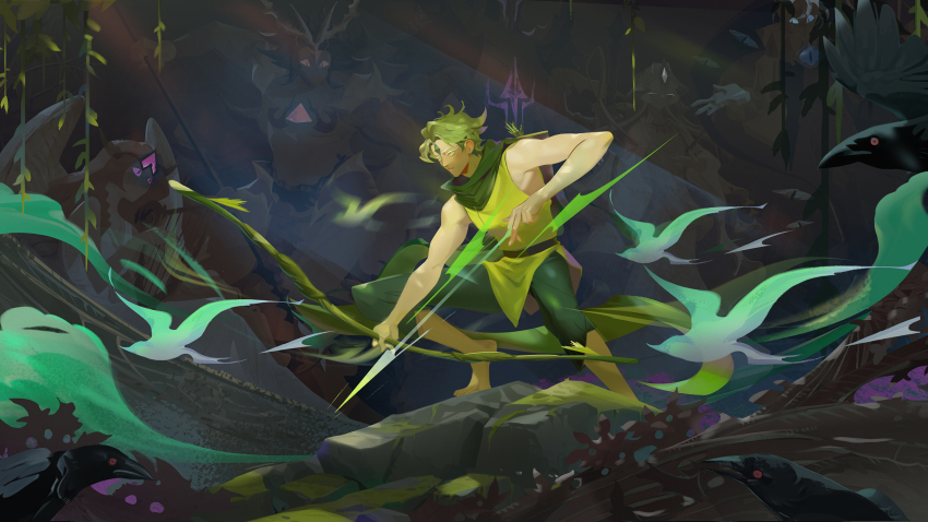 1boy arrow_(projectile) bandal barefoot bird bow_(weapon) captain_morgan_pose closed_mouth cookie_run drawing_bow facial_mark forehead_mark full_body green_tunic highres holding holding_bow_(weapon) holding_weapon male_focus monster moss outdoors rock solo tunic weapon wind_archer_cookie