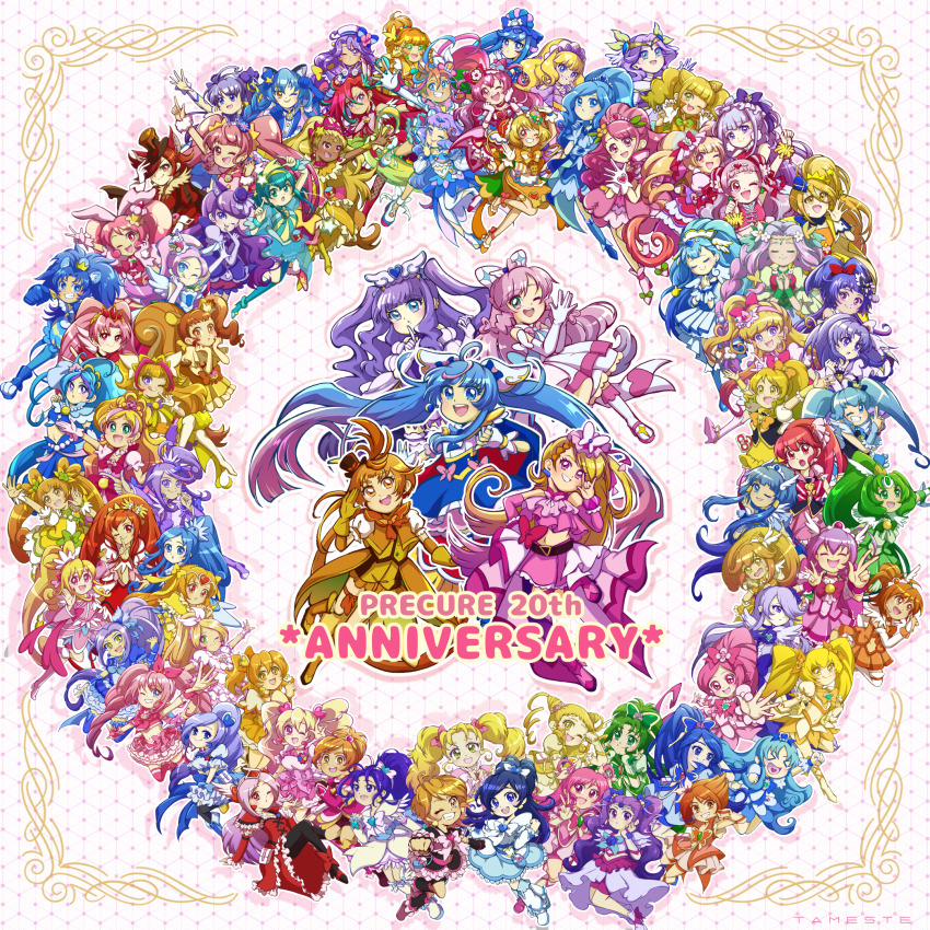 6+girls akimoto_komachi ame_(tameste) animal_ears anniversary blonde_hair blue_bow blue_eyes blue_gloves blue_hair boots bow brown_gloves brown_hair character_request choker commentary_request copyright_request cure_chocolat cure_march cure_mint cure_papaya cure_summer cure_wing double_v dress elbow_gloves flower footwear_bow gloves green_bow green_eyes green_hair hair_bow hair_flower hair_ornament hair_rings hat heart heart_hair_ornament highres hirogaru_sky!_precure ichinose_minori kenjou_akira kirakira_precure_a_la_mode magical_girl midorikawa_nao mini_hat mini_top_hat multiple_girls natsuumi_manatsu one_eye_closed open_mouth orange_choker orange_hair pink_boots pink_bow pink_hair precure precure_all_stars purple_eyes purple_footwear red_hair single_hair_ring smile smile_precure! squirrel_tail star_(symbol) star_hair_ornament tail top_hat tropical-rouge!_precure v white_gloves yes!_precure_5 yuunagi_tsubasa