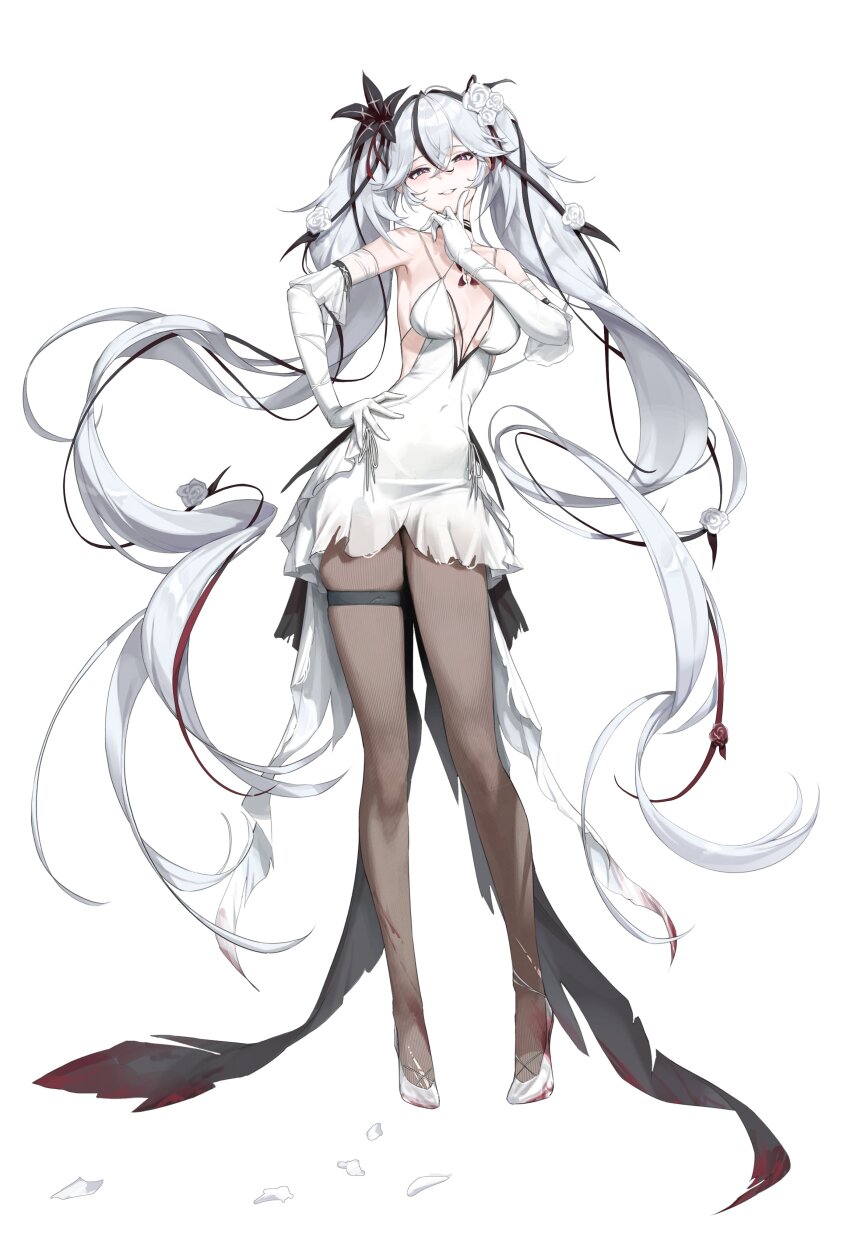 1girl absurdres alternate_costume bare_shoulders black_eyes black_flower breasts camellya_(wuthering_waves) commentary dress elbow_gloves flower full_body gloves grey_pantyhose hair_between_eyes hair_flower hair_ornament hand_on_own_hip hashtag-only_commentary high_heels highres large_breasts long_hair looking_at_viewer pantyhose parted_lips red_pupils rose simple_background sketch smile solo twintails very_long_hair white_background white_dress white_flower white_gloves white_hair white_rose wuthering_waves youngjoo_kjy