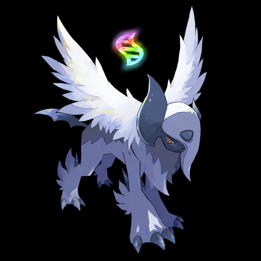 absol asymmetrical_horns black_background body_fur claws eve_malus feathered_wings full_body gen_3_pokemon highres horns looking_at_viewer mega_absol mega_pokemon neck_fur nintendo no_humans one_eye_covered pokemon pokemon_(creature) pokemon_focus red_eyes simple_background solo uneven_horns white_fur white_wings wings