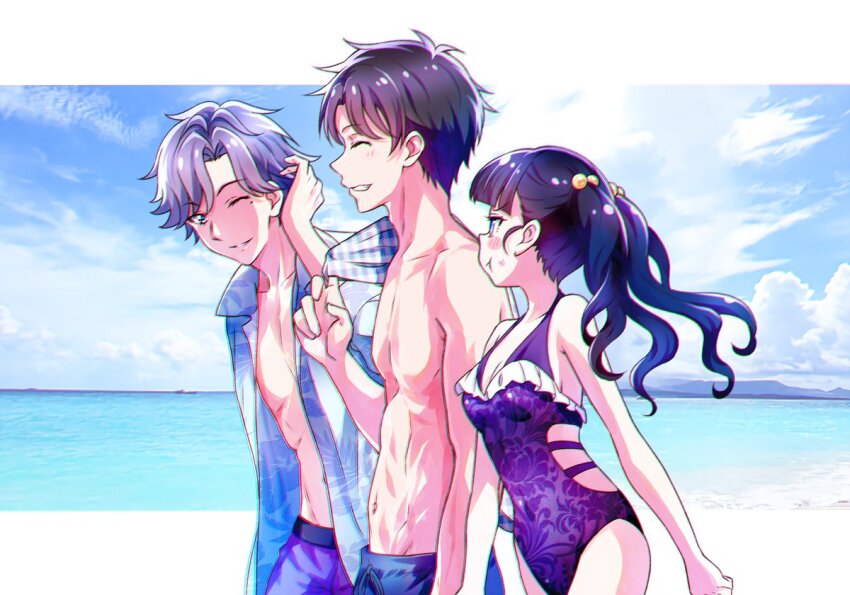1girl 2boys :t adjusting_hair bare_arms beach black_hair blue_hair blue_male_swimwear blue_shirt blush breasts brother_and_sister brothers casual_one-piece_swimsuit cleavage closed_eyes collarbone covered_navel delicious_party_precure floating_hair from_side gradient_hair grey_hair grin hawaiian_shirt kasai_amane kasai_mitsuki kasai_yuan kyoutsuugengo long_hair male_swimwear medium_breasts mole mole_under_eye multicolored_hair multiple_boys ocean one-piece_swimsuit one_eye_closed open_clothes open_shirt outdoors precure profile purple_male_swimwear purple_one-piece_swimsuit shirt short_hair siblings smile summer swimsuit walking