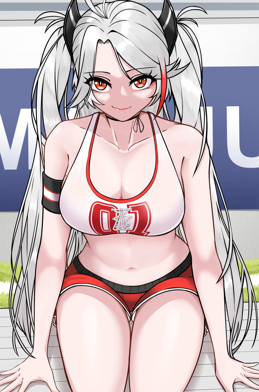 absurdres azur_lane bare_shoulders breasts cleavage crop_top from_above hair_over_one_eye headgear highres hip_focus large_breasts long_hair looking_at_viewer looking_up medium_breasts micro_shorts midriff multicolored_hair navel notsushi orange_eyes prinz_eugen_(azur_lane) prinz_eugen_(brilliant_touchdown)_(azur_lane) red_hair red_shorts shirt shorts sitting sleeveless sleeveless_shirt slit_pupils smile stomach streaked_hair thigh_gap thighs two-tone_hair two_side_up very_long_hair white_hair
