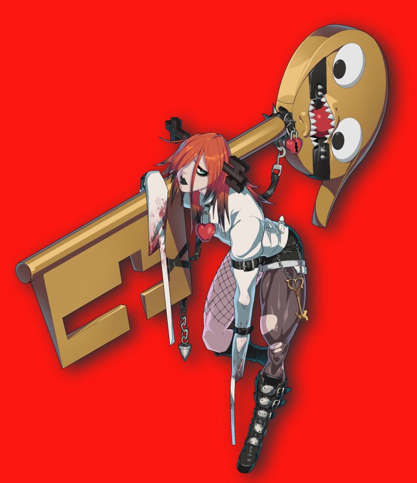 1girl a.b.a absurdres bags_under_eyes belt blood boots chain deadset_future green_eyes guilty_gear guilty_gear_strive hair_over_one_eye highres homunculus key key_in_head object_through_head pale_skin pantyhose paracelsus_(guilty_gear) red_background red_hair redesign thighhighs torn_clothes torn_pantyhose weapon
