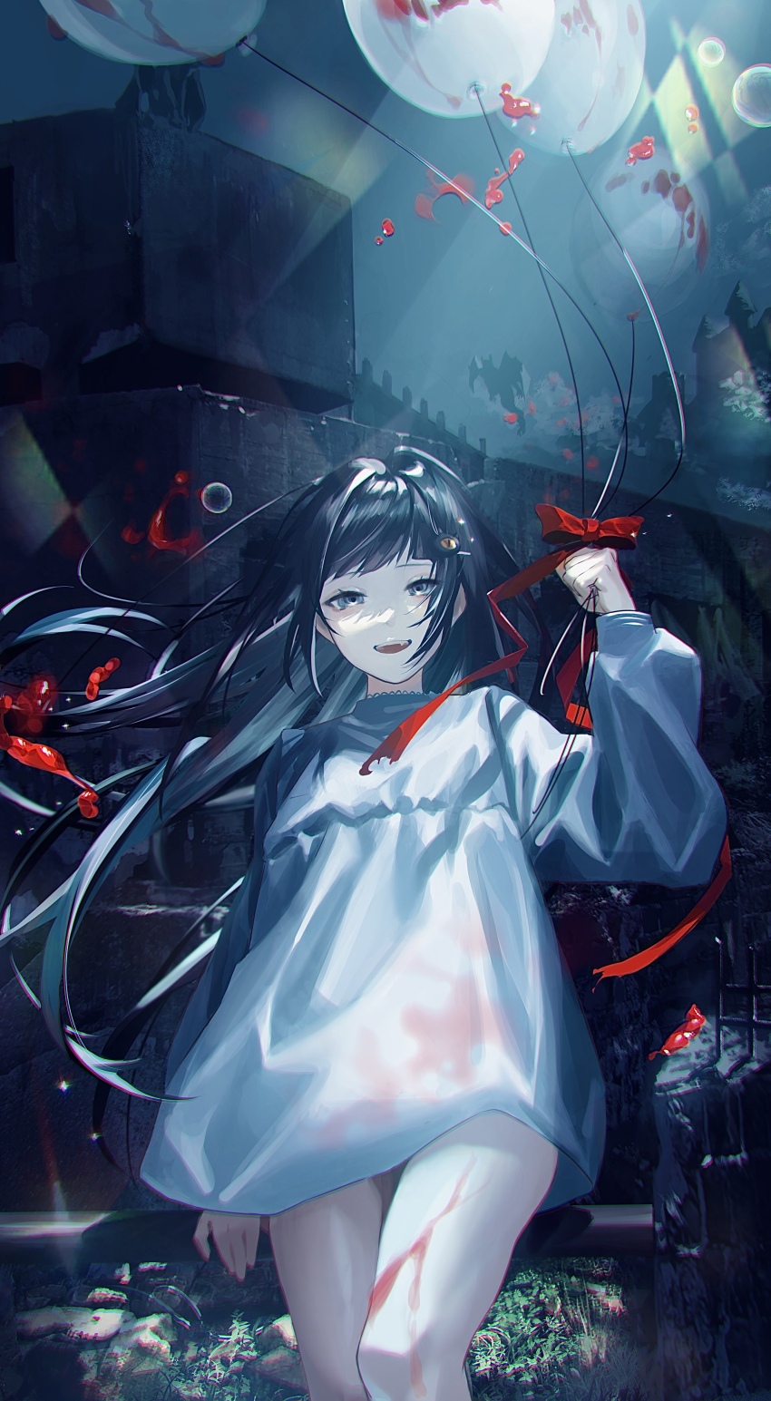 1girl absurdres air_bubble balloon black_eyes black_hair blood blood_splatter bow bubble castle dark_background demon dress eye_hair_ornament fang fantasy feet_out_of_frame fence fortress garden gargoyle highres holding holding_balloon long_hair long_sleeves looking_at_viewer night original plant puffy_long_sleeves puffy_sleeves red_bow red_ribbon ribbon rock sainome_(imveryfinethx) see-through_clothes see-through_dress sidelocks silhouette sitting_on_fence smile solo submerged swept_bangs underwater