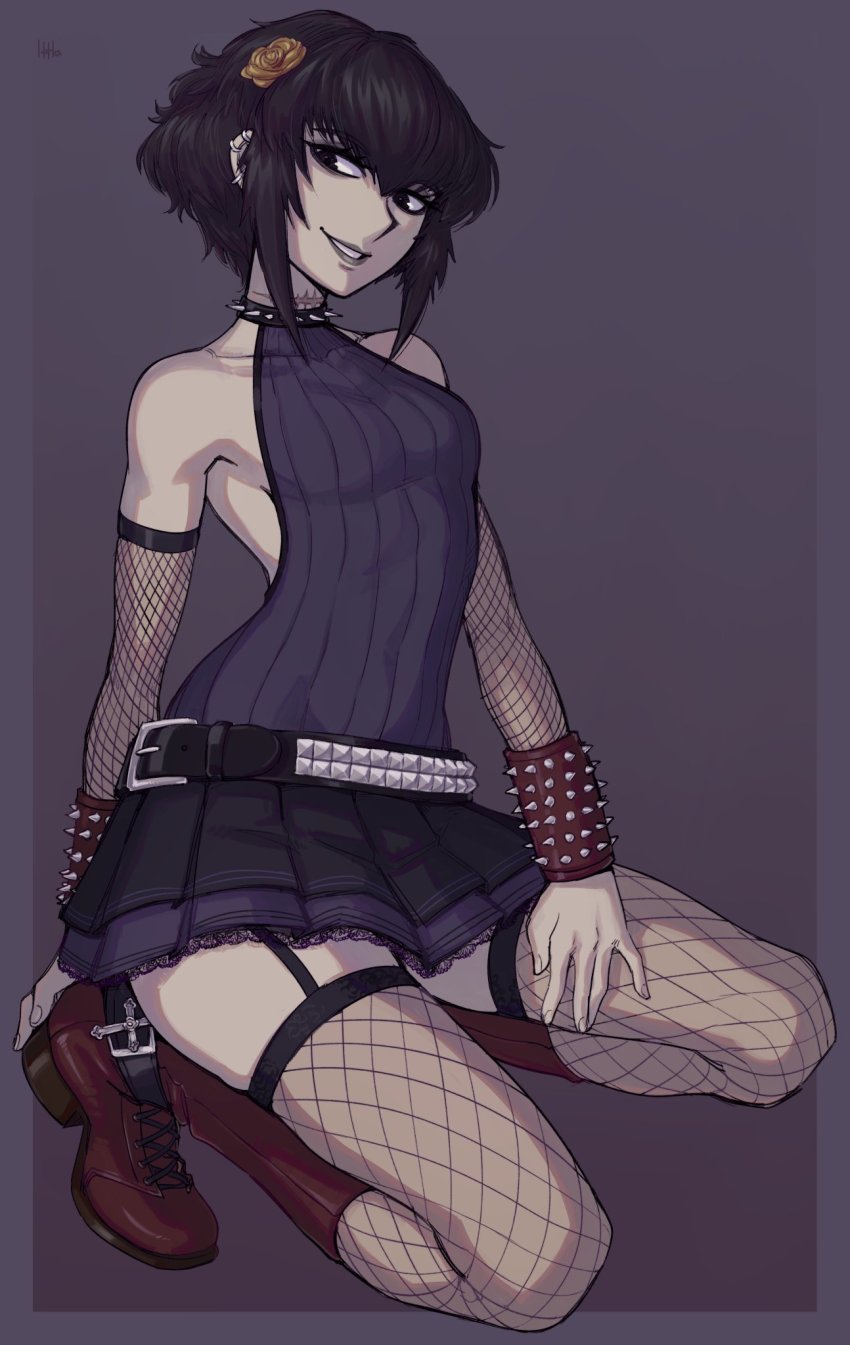 1girl artist_name backless_outfit bags_under_eyes bare_shoulders belt black_eyes black_hair black_lagoon black_lips black_shirt black_skirt boots breasts brown_boots collar commentary commission covered_collarbone ear_piercing english_commentary female_focus fishnet_legwear fishnets flower frederica_sawyer full_body garter_straps goth_fashion hair_flower hair_ornament highres ittla lipstick looking_at_viewer makeup pale_skin parted_lips piercing pleated_skirt ribbed_shirt scar scar_on_neck shirt short_hair simple_background skirt small_breasts smile solo spiked_collar spikes