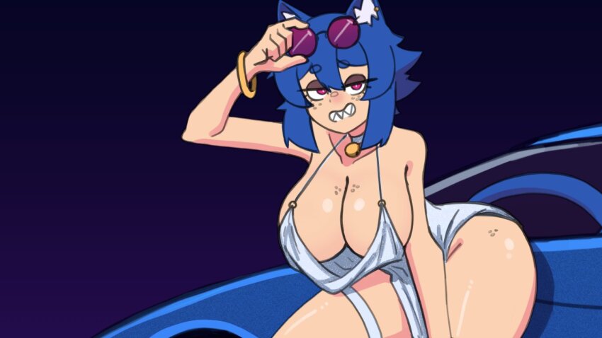 1girl animal_ear_fluff animal_ears arched_back bangle bell blue_background blue_hair bracelet breasts car cat_ears cat_girl cat_tail choker cleavage collarbone cowboy_shot doce dress ear_piercing female_focus freckles freckles_on_breasts grin hair_between_eyes half-closed_eyes hanging_breasts jewelry jingle_bell large_breasts leaning_forward looking_at_viewer motor_vehicle original piercing pink_eyes sharp_teeth short_hair silver_dress smile solo sunglasses_on_head tail teeth thigh_strap thighs tinted_eyewear xiao_(docecaedrus)