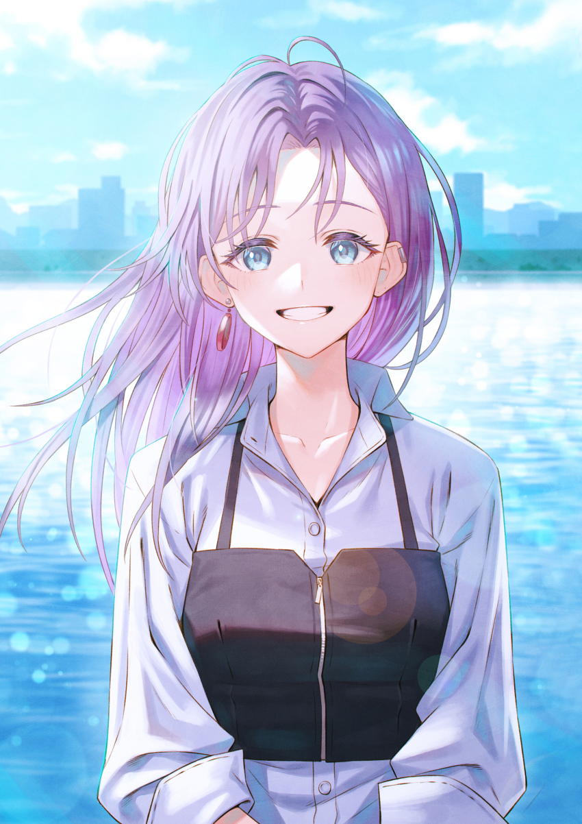 1girl absurdres asakura_toru blue_eyes building buttons cityscape colored_tips crop_top earclip earrings highres idolmaster idolmaster_shiny_colors jewelry long_hair looking_at_viewer multicolored_hair neck outdoors purple_hair shirt sho_(sumika) single_earring sleeves_rolled_up smile solo water white_shirt zipper