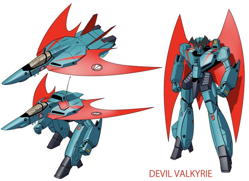 aircraft airplane arms_at_sides canopy_(aircraft) character_name choujikuu_yousai_macross clenched_hands commentary_request devilman devilman_(character) fighter_jet fusion gerwalk k16_(r_area2019) macross mecha mechanization military_vehicle multiple_views no_humans parody radio_antenna robot roundel science_fiction simple_background standing vf-1 white_background yellow_eyes