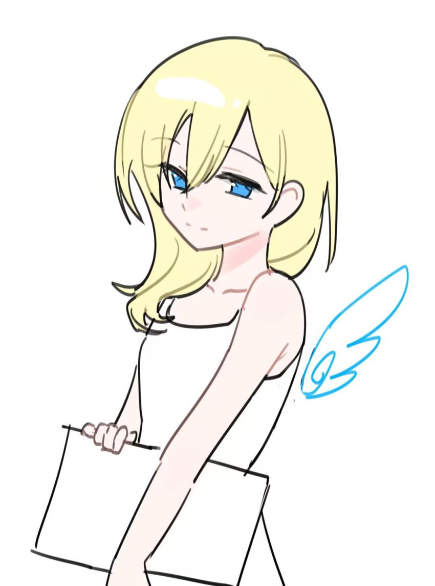 1girl bare_shoulders blonde_hair closed_mouth collarbone dress hair_between_eyes highres holding holding_notebook kingdom_hearts kingdom_hearts:_chain_of_memories long_hair looking_at_viewer namine notebook simple_background sleeveless sleeveless_dress smile solo white_background white_dress zcx21177061994