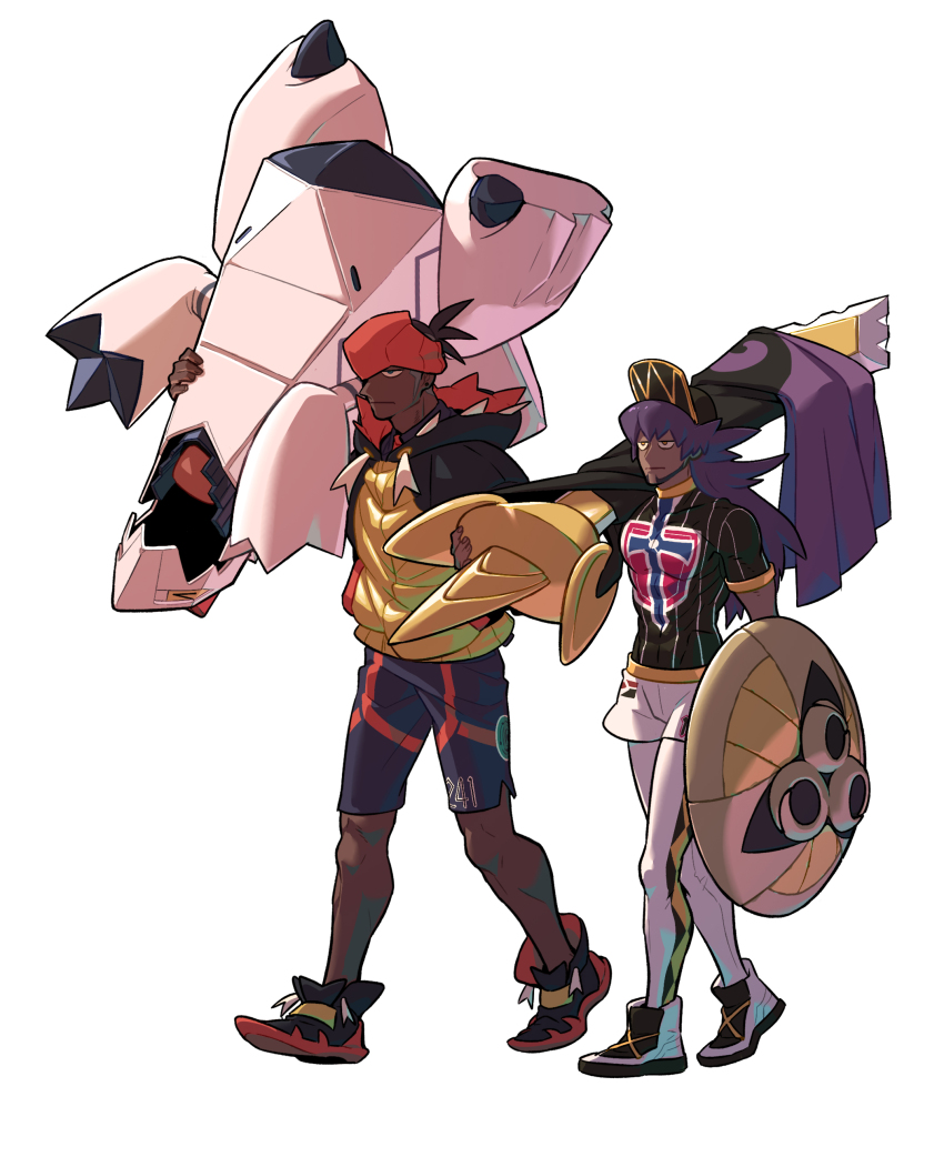 2boys absurdres aegislash baseball_cap black_footwear black_hair black_hoodie champion_uniform closed_mouth commentary_request dark-skinned_male dark_skin duraludon facial_hair gen_6_pokemon gen_8_pokemon hat headband highres holding holding_pokemon hood hoodie korean_commentary leggings leon_(pokemon) long_hair male_focus multiple_boys nintendo orange_headband pokemon pokemon_(creature) pokemon_swsh purple_hair raihan_(pokemon) redlhzz shield shield_print shirt shoes short_hair short_shorts short_sleeves shorts side_slit side_slit_shorts standing sword sword_print undercut walking weapon white_background white_shorts