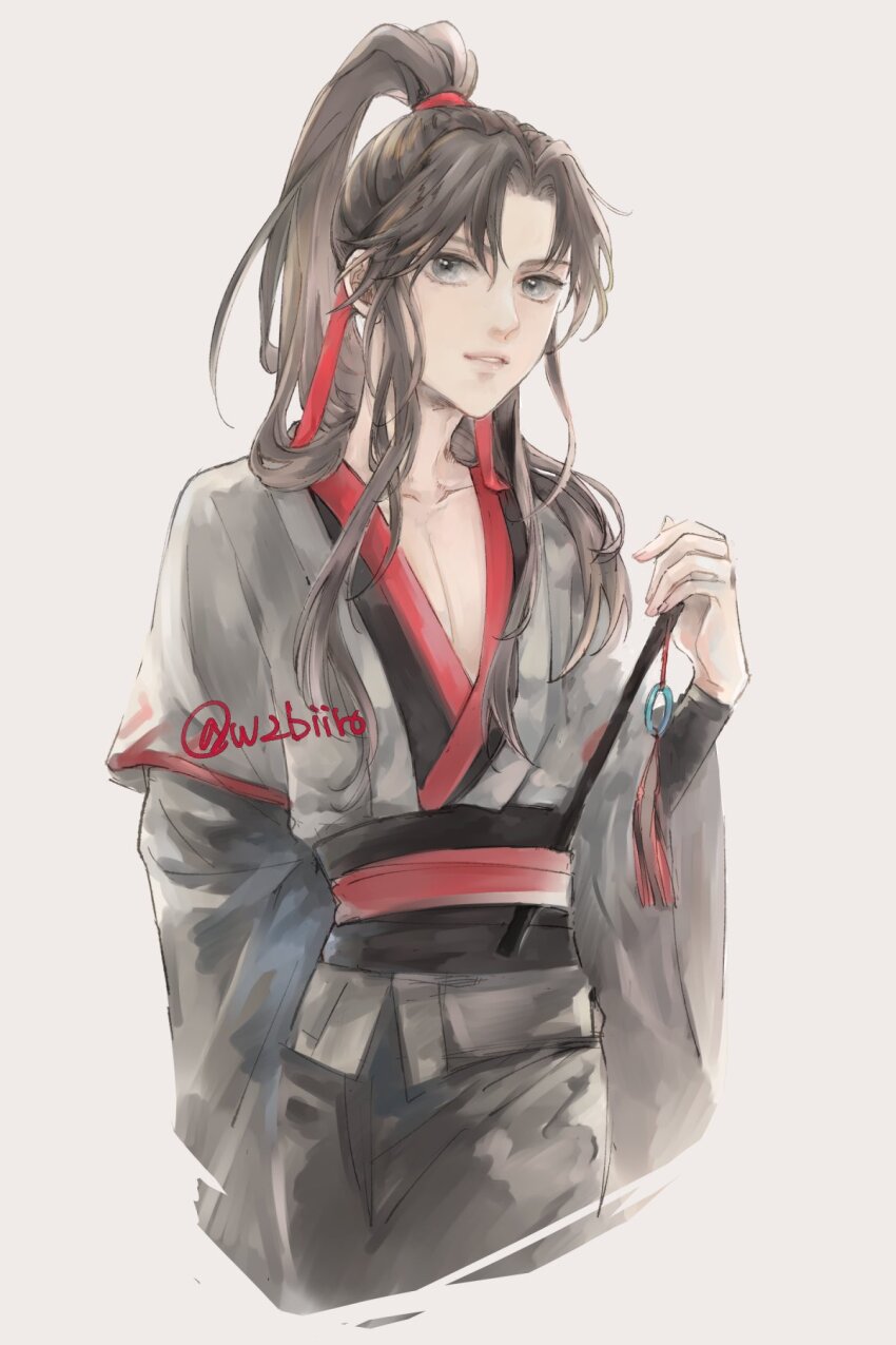 1boy bishounen black_hair black_hanfu chinese_clothes collarbone flute flute_tassel grey_background grey_eyes hair_ribbon hanfu high_ponytail highres holding holding_flute holding_instrument instrument long_hair long_sleeves looking_at_viewer male_focus modao_zushi parted_lips pectoral_cleavage pectorals ponytail red_ribbon red_sash ribbon robe sash sidelocks simple_background solo standing tassel twitter_username upper_body w2biiro wei_wuxian wide_sleeves