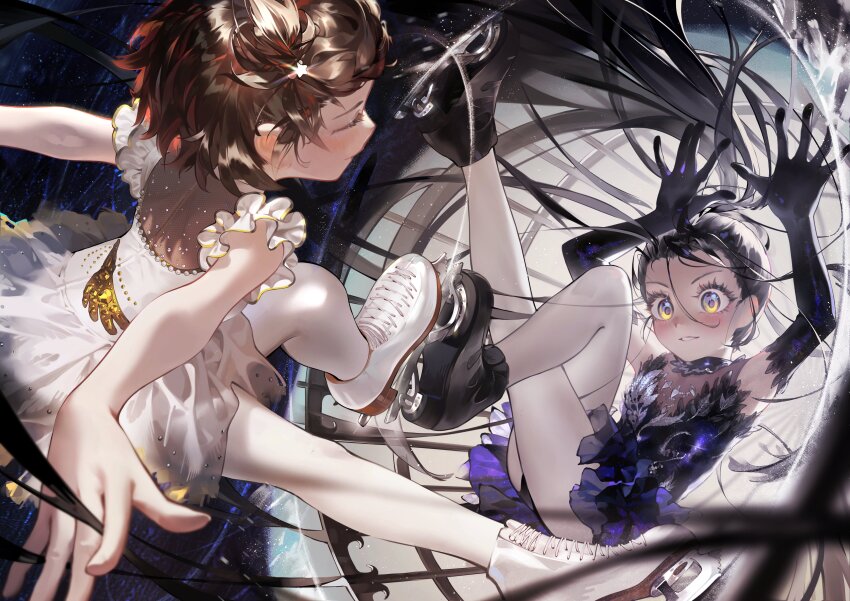 2girls absurdres black_gloves black_hair brown_hair child commentary dress elbow_gloves english_commentary figure_skating figure_skating_dress gloves highres ice_skates kamisaki_hikaru medalist_(manga) multiple_girls pantyhose purple_dress skates wannatchears white_dress white_pantyhose yellow_eyes yuitsuka_inori