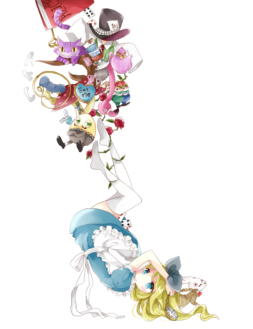 1girl 2boys alice_(alice_in_wonderland) alice_in_wonderland animal apron bad_id bad_pixiv_id bird blonde_hair blouse blue_dress blue_eyes book bow bowtie cat cheshire_cat_(alice_in_wonderland) clothed_animal clubs commentary_request crossed_arms cup diamond_(shape) dog dress drink_me eat_me facial_hair flamingo flower formal_clothes frilled_dress frills from_side green_vest grin hat heart hedgehog highres humpty_dumpty key lizard long_hair long_sleeves looking_at_viewer mad_hatter_(alice_in_wonderland) multiple_boys mushroom mustache plaid pocket_watch red_bow red_bowtie red_flower red_rose rose saucer shirt sleeves_past_wrists smile spade suit teacup teapot thighhighs thorns tsukiyo_(skymint) tweedledee_(wonderland) tweedledum_(wonderland) upside-down vest watch white_background white_rabbit_(alice_in_wonderland) white_shirt white_thighhighs yellow_bow yellow_bowtie yellow_eyes