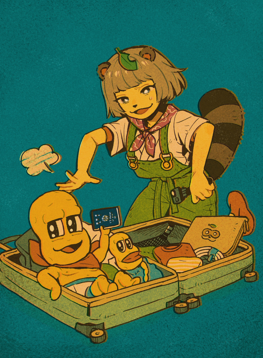 1boy 1girl :3 action_camera animal_ears animal_nose aonori_maeba bald bandana bandana_around_neck black_eyes blue_background blunt_bangs bob_cut briefs camera character_doll colored_skin commentary_request doll folded_clothes full_body furrowed_brow green_overalls grey_hair highres holding holding_camera in_container kneeling leaf leaf_on_head male_underwear mode_aim no_shoes open_mouth orange_socks overalls passport peanuts-kun ponpoko_(vtuber) puff_of_air raccoon_ears raccoon_tail shirt short_sleeves simple_background smile socks suitcase sweatdrop tail tail_raised topless_male underwear video_camera virtual_youtuber white_shirt yellow_skin