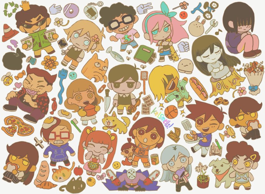 6+boys 6+girls angel_(omori) arrow_(symbol) aubrey_(faraway)_(omori) aubrey_(omori) baguette ball bandaid baseball_bat basketball_(object) bee bicycle big_yellow_cat_(omori) black_skirt black_sweater_vest blonde_hair blue_eyes blue_hair blue_hairband blue_hoodie blue_shirt blunt_bangs bouquet bow_(music) bowen_(omori) bread bright_pupils brown_eyes brown_hair brown_shorts bug candy cat chainsaw chibi closed_eyes closed_mouth collared_shirt colored_skin cris_(omori) daphne_(omori) dark-skinned_female dark-skinned_male dark_skin dog ear_piercing expressionless flower flower_pot food food_on_head fried_egg frying_pan gardening_shears glasses green_jacket green_sweater_vest grin hair_flower hair_ornament hair_over_one_eye hairband hector_(omori) highres holding holding_baseball_bat holding_bow_(music) holding_candy holding_chainsaw holding_food holding_frying_pan holding_instrument holding_lollipop holding_seashell holding_spatula holding_violin hood hoodie insect instrument jacket jackson_(omori) jash_(omori) kel_(faraway)_(omori) kel_(omori) kim_(omori) knife lollipop long_hair long_skirt long_sleeves looking_at_viewer mari_(faraway)_(omori) mari_(omori) mewo mikhael_(omori) milkymilkyshark miss_candice_(omori) multiple_boys multiple_girls musical_note nail nail_(hardware) nail_bat object_on_head omori one_eye_closed open_mouth orange_shorts oven_mitts pacifier pants parted_lips pedro_(omori) photo_(object) piercing pink_hair pizza pleated_skirt polly_(omori) purple_pants rectangular_eyewear recyclepath_(omori) recycling_symbol red-framed_eyewear sally_(omori) sandwich scribble seashell sheet_music shell shirt short_hair short_sleeves shorts sitting sitting_on_tree_stump skirt smile socks spatula spelling_bee_(omori) sunglasses sweater_vest swept_bangs teeth toothbrush traffic_cone trash_bag vance_(omori) violin white_pupils white_shirt white_skin white_socks wrench yellow_eyes