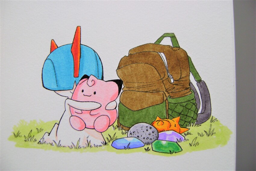 alternate_color backpack bag bowl_cut clefairy colored_skin evolution_stone gen_1_pokemon gen_3_pokemon grass hair_over_eyes highres horns hugging_doll hugging_object nintendo on_grass pokemon pokemon_(creature) ralts shiny_pokemon simple_background smile stuffed_toy sun_stone sun_stone_(pokemon) superiordutchsauce white_background white_skin
