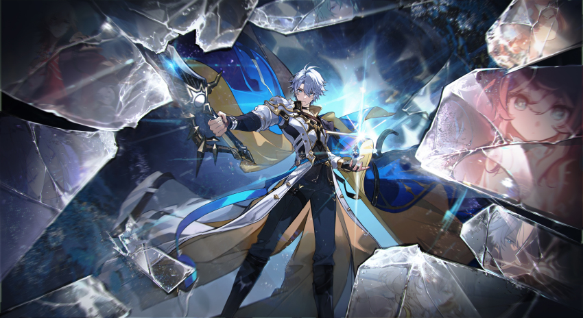 1boy absurdres aglaea_(honkai:_star_rail) ahoge anaxa_(honkai:_star_rail) armor black_boots black_gloves black_pants blue_eyes boots broken_glass cape castorice_(honkai:_star_rail) chrysos_heirs_(honkai:_star_rail) coreflame_(honkai:_star_rail) fingerless_gloves glass gloves highres holding holding_sword holding_weapon honkai:_star_rail honkai_(series) hyacine_(honkai:_star_rail) male_focus migan mydei_(honkai:_star_rail) pants pauldrons phainon_(honkai:_star_rail) short_hair shoulder_armor single_glove single_pauldron solo sword trianne_(honkai:_star_rail) weapon white_cape white_hair