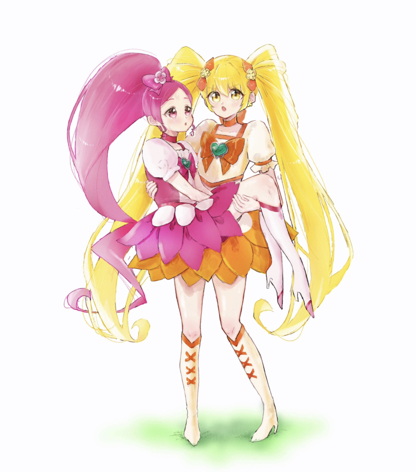 2girls absurdres blonde_hair blush boots bow bowtie brooch choker cure_blossom cure_sunshine dress earrings hair_bow hair_ribbon hanasaki_tsubomi heart heart_brooch heartcatch_precure! high_heel_boots high_heels highres huu_san1 jewelry long_hair magical_girl multiple_girls myoudouin_itsuki open_mouth orange_bow orange_bowtie orange_choker orange_footwear orange_ribbon orange_skirt pink_bow pink_bowtie pink_choker pink_dress pink_eyes pink_footwear pink_hair pink_skirt ponytail precure puffy_short_sleeves puffy_sleeves ribbon short_dress short_sleeves skirt twintails very_long_hair yellow_dress yellow_eyes