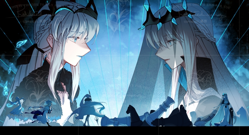4girls absurdres aesc_(fate) aesc_(rain_witch)_(fate) aesc_(savior)_(fate) artist_request blue_eyes blue_lips board_game braid chess chess_piece commission crown fate/grand_order fate_(series) hair_between_eyes half_up_braid hat highres morgan_le_fay_(fate) morgan_le_fay_(queen_of_winter)_(fate) multiple_girls multiple_persona polearm ponytail second-party_source spear standing veil weapon white_hair witch_hat