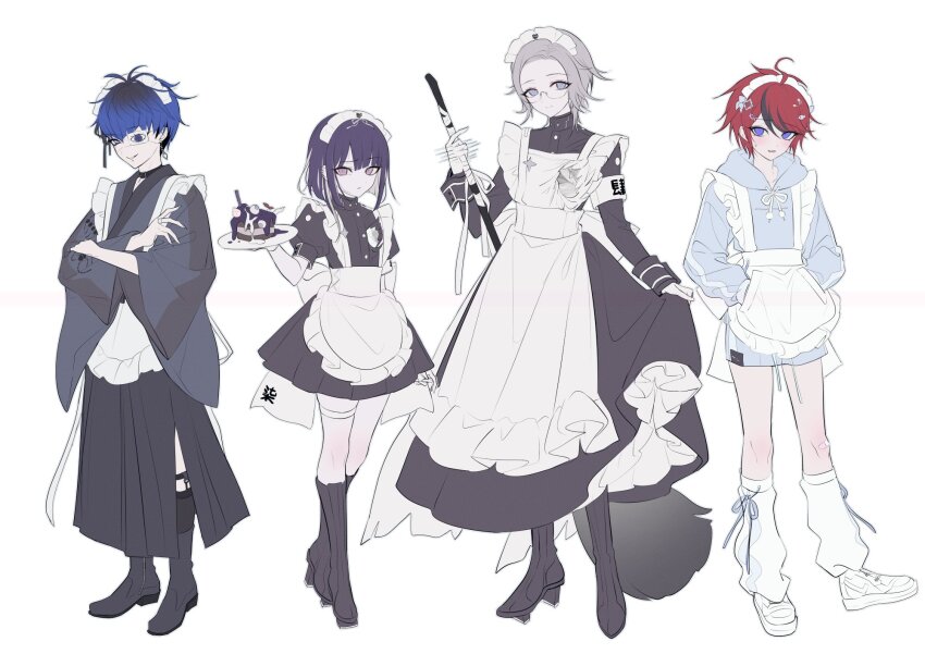 4boys 4ro_1011 ahoge aotsuki_eito apron armband bandaid bandaid_on_leg black_boots black_hair black_skirt blue_eyes blue_hair blunt_bangs blush boots broom cake cake_slice choker clothes_grab crossdressing crossed_arms drawstring earrings eyepatch food full_body gakuran geta glasses gloves grey_eyes grey_hair hands_in_pockets highres holding holding_broom holding_plate hole_in_chest hole_on_body hood hoodie japanese_clothes jewelry kimono last_defense_academy_school_uniform leg_warmers looking_at_viewer maid maid_apron maid_headdress male_focus male_maid multicolored_hair multiple_boys omokage_yugamu pink_eyes plate purple_hair red_hair school_uniform shoes short_hair simple_background skirt smile streaked_hair sumino_takumi the_hundred_line_-last_defense_academy- trap tsukumo_ima unconventional_maid white_armband white_gloves white_hoodie white_leg_warmers white_shoes