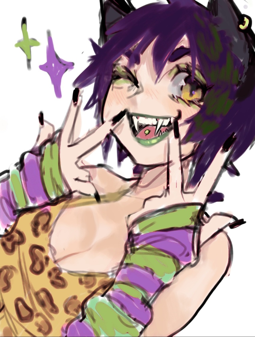 :d animal_ears animal_print black_nails breasts cenketsu commission commissioner_upload fangs fingerless_gloves gloves green_lips highres large_breasts nail_polish one_eye_closed open_mouth original piercing purple_hair raver short_hair smile solo tank_top tongue_piercing white_background