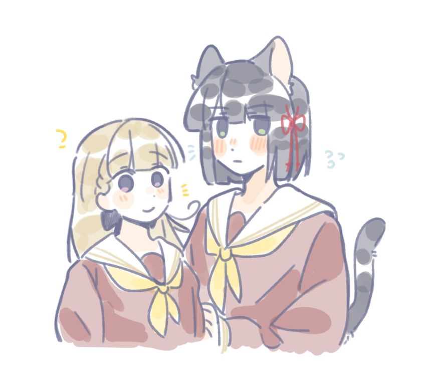 2girls :| ? animal_ears averting_eyes black_hair blunt_bangs blunt_ends braid brown_dress brown_hair cat_ears cat_girl cat_tail center-flap_bangs closed_mouth commentary_request cropped_torso derivative_work dress flower_knot flying_sweatdrops green_eyes hasu_no_sora_school_uniform jitome kachimachi_kosuzu kemonomimi_mode like_and_redraw_challenge link!_like!_love_live! long_hair long_sleeves love_live! momose_ginko multiple_girls neckerchief pink_eyes sailor_collar sailor_dress school_uniform short_hair side_ahoge side_braids sideways_glance simple_background smile straight_hair tail virtual_youtuber white_background white_sailor_collar winter_uniform woodonly yellow_neckerchief
