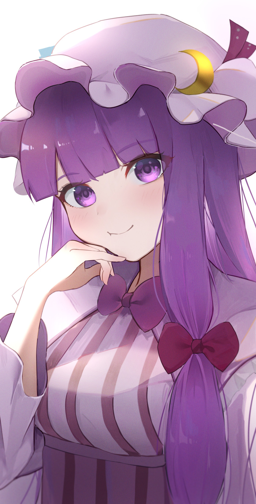 1girl :t absurdres blunt_bangs blush bow bowtie closed_mouth commentary crescent crescent_hat_ornament double_bun dress hair_bow hair_bun hand_on_own_cheek hand_on_own_face hat hat_ornament head_tilt highres long_hair long_sleeves looking_at_viewer mob_cap open_clothes open_shirt palulap patchouli_knowledge pink_shirt purple_bow purple_bowtie purple_dress purple_eyes purple_hair purple_skirt red_bow shirt simple_background skirt smile solo striped_clothes striped_dress touhou underbust upper_body white_background