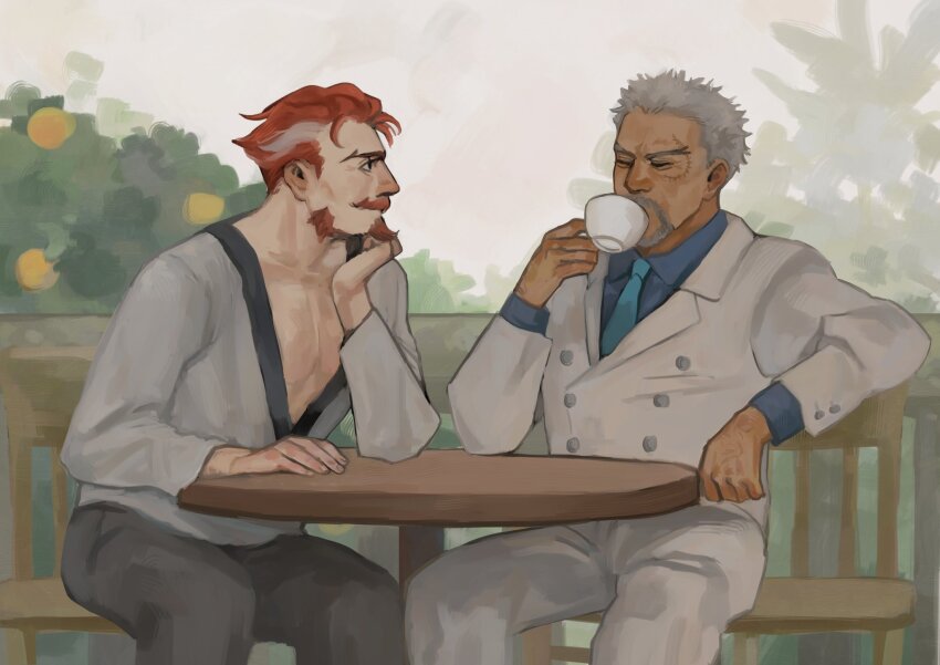 2boys alaric_(peedeeseel) chair cup dark-skinned_male dark_skin drinking facial_hair goatee grey_hair highres male_focus mature_male monkey_d._garp multicolored_hair multiple_boys mustache old old_man one_piece orange_hair original painterly pectoral_cleavage pectorals second-party_source short_hair sitting streaked_hair table teacup thick_eyebrows toned toned_male ver_(sver_ver) white_hair yaoi