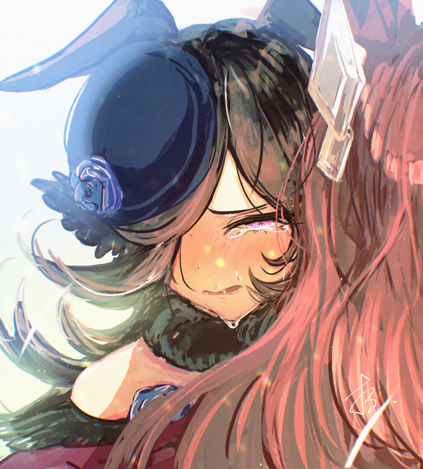 2girls animal_ears black_hair blue_flower blue_hat blue_rose blush brown_hair close-up commentary_request crying crying_with_eyes_open dress ears_down fascinator flipped_hair flower fur_choker hair_flaps hair_over_one_eye half-closed_eyes hat hat_flower highres horse_ears horse_girl hug long_hair mihono_bourbon_(mb-19890425)_(umamusume) mihono_bourbon_(umamusume) multiple_girls off-shoulder_dress off_shoulder open_mouth orusun purple_eyes rice_shower_(rosy_dreams)_(umamusume) rice_shower_(umamusume) rose streaming_tears swept_bangs tears tilted_headwear umamusume