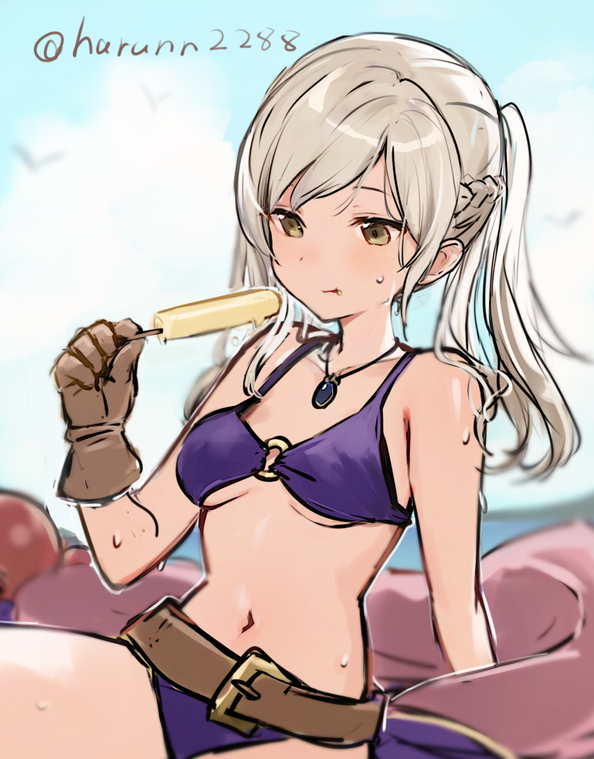 1girl bare_shoulders beach belt bikini breasts brown_eyes brown_gloves cleavage closed_mouth collarbone female_robin_(fire_emblem) female_robin_(seaside_tactician)_(fire_emblem) fire_emblem fire_emblem_awakening fire_emblem_heroes food gloves haru_(nakajou-28) highres holding holding_food holding_popsicle jewelry long_hair melting_popsicle navel necklace nintendo o-ring o-ring_bikini o-ring_top official_alternate_costume popsicle purple_bikini small_breasts solo stomach sweat sweatdrop swimsuit twintails underboob white_hair