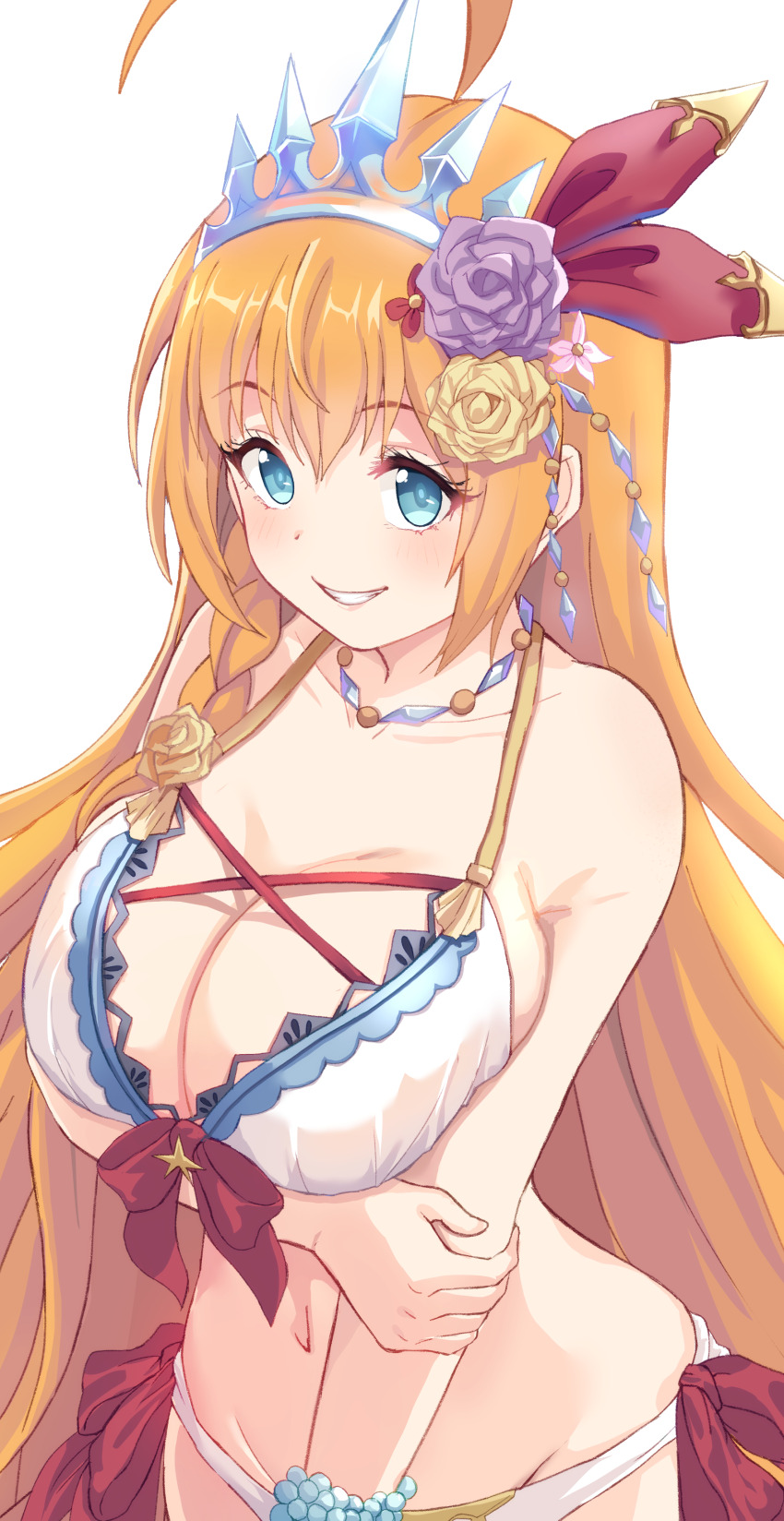 1girl absurdres ahoge bikini blue_eyes bracelet braid breasts crown flower grin hair_flower hair_ornament hair_ribbon highres holding_own_arm huge_ahoge jewelry large_breasts looking_at_viewer navel necklace orange_hair pecorine_(princess_connect!) pink_flower princess_connect! purple_flower purple_rose rabenga red_ribbon ribbon rose side-tie_bikini_bottom smile solo star_(symbol) swimsuit tiara white_background white_bikini yellow_flower yellow_rose