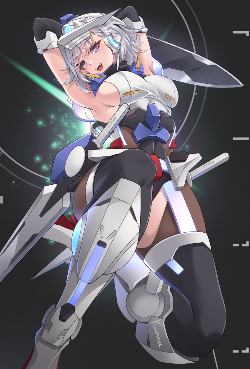 1girl absurdres alternate_costume armored_boots armpits arms_behind_head arms_up artist_name azur_lane blue_eyes boots breasts commentary dynamic_pose english_commentary grey_hair gundam gundam_00 headgear highres kamina_(kamin789) large_breasts mecha_musume open_mouth reno_(azur_lane) science_fiction sideboob solo