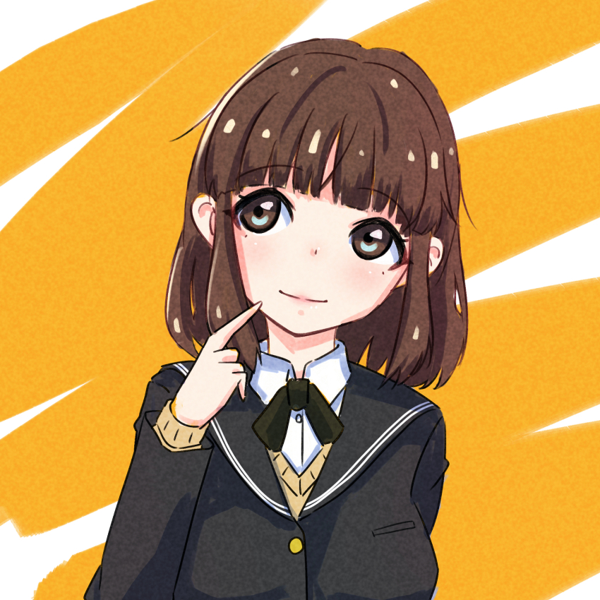 1girl amagami averting_eyes birthday black_bow black_bowtie black_jacket blazer blunt_bangs bob_cut bow bowtie breasts brown_eyes brown_hair brown_sweater close-up closed_mouth commentary dress_shirt finger_to_mouth hair_strand highres index_finger_raised jacket kibito_high_school_uniform large_breasts light_blush light_smile long_sleeves looking_to_the_side looking_up medium_breasts medium_hair orange_background oshizu pink_lips portrait school_uniform shirt smile solo sweater tanaka_keiko_(amagami) thinking white_background white_shirt