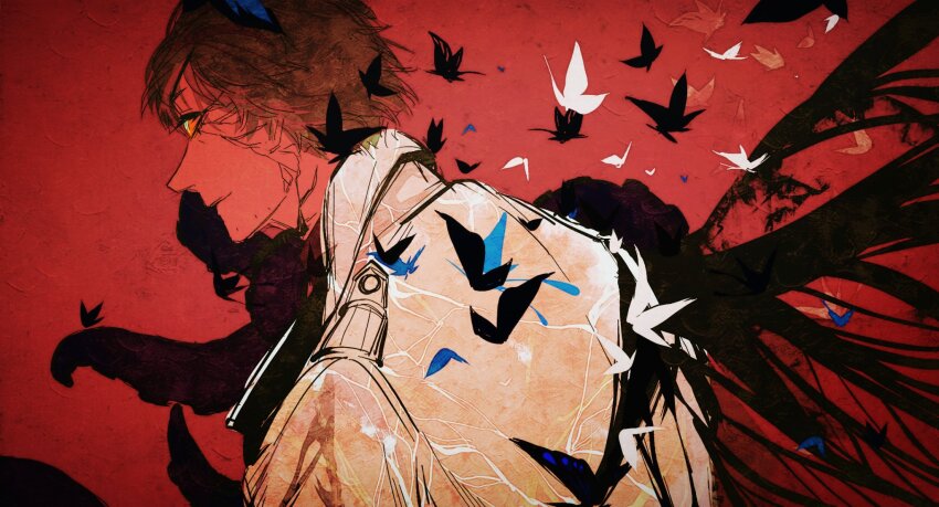 1boy black_butterfly blue_butterfly breasts brown_hair bug butterfly coat colored_sclera colored_veins cracked_clothes highres horaceswarcsal insect kim_dokja large_breasts looking_at_viewer male_focus omniscient_reader&#039;s_viewpoint open_clothes open_coat popped_collar red_eyes short_hair smirk solo tentacles white_butterfly white_coat wings yellow_sclera