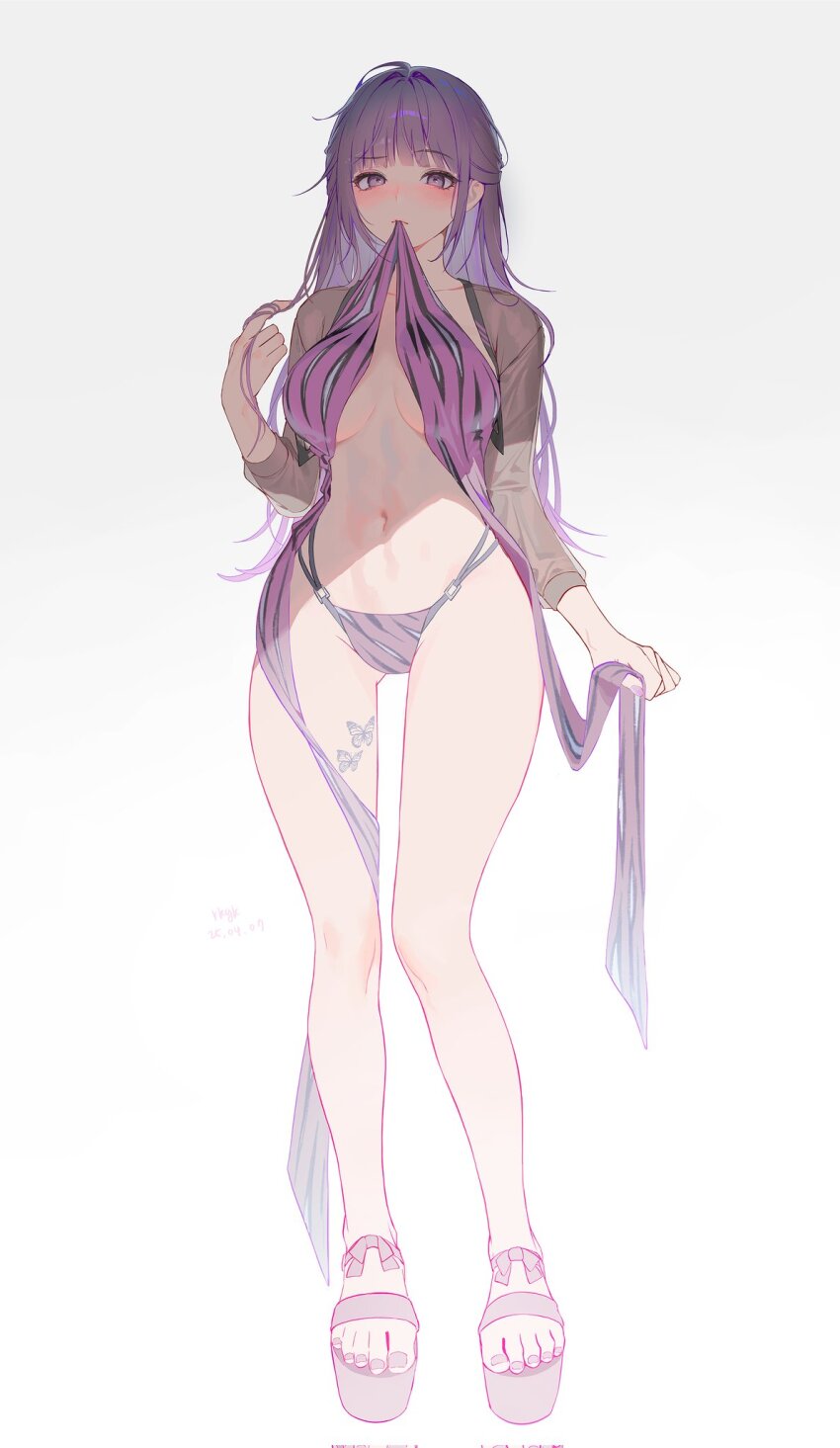 1girl bikini black_bikini black_sleeves blush breasts butterfly_tattoo collarbone full_body highres large_breasts leg_tattoo long_hair looking_at_viewer mouth_hold myabit navel original purple_eyes purple_hair purple_sandals purple_sarong sandals sarong solo stomach swimsuit tattoo thighs