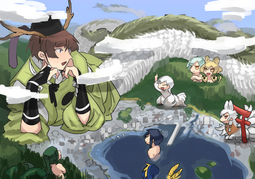 6+boys animal_ears animal_hands antlers bird_boy blonde_hair blue_hair bridal_gauntlets brown_hair centauroid chibi city cloud dragon dragon_boy eastern_dragon fox_boy full_body giant giant_male green_hair hands_on_own_cheeks hands_on_own_face head_rest higekiri_(touken_ranbu) hizamaru_(touken_ranbu) horns ishikirimaru japanese_clothes kariginu kitsune kogitsunemaru kyou_zuki kyuubi lamia_boy lion_boy lion_ears lion_tail long_sleeves looking_at_another lying male_focus merman monster_boy mountain multiple_boys multiple_tails nikkari_aoe on_side open_mouth purple_eyes scales short_hair sky tail taur torii touken_ranbu tsurumaru_kuninaga water white_hair white_scales wide_sleeves