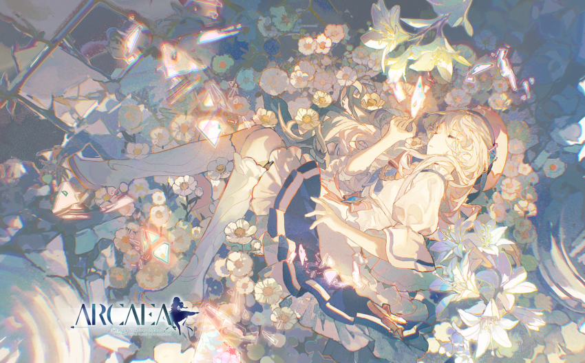 1girl arcaea beret closed_eyes closed_mouth copyright_name dress flower flower_bed full_body hat highres hikari_(arcaea) lobelia_(saclia) long_hair lying on_flower on_side sleeping three-quarter_sleeves solo white_dress