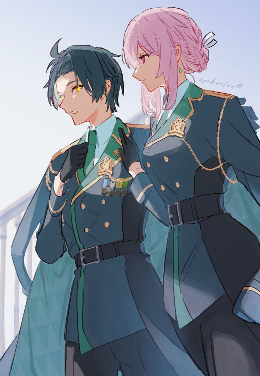 1boy 1girl aiguillette artist_name asaba_harumasa belt belt_buckle black_belt black_gloves black_hair black_pants braid braided_bun buckle buttons coat coat_on_shoulders collared_shirt double-breasted earrings epaulettes formal_clothes gloves gold_trim green_necktie hair_bun half_gloves hand_on_another&#039;s_shoulder highres jacket jewelry lapels looking_at_another military_dress_uniform military_rank_insignia military_uniform necktie notched_lapels oyakoricell pants parted_bangs pink_eyes pink_hair profile shirt sidelocks sleeve_cuffs tsukishiro_yanagi unfinished white_shirt yellow_eyes zenless_zone_zero