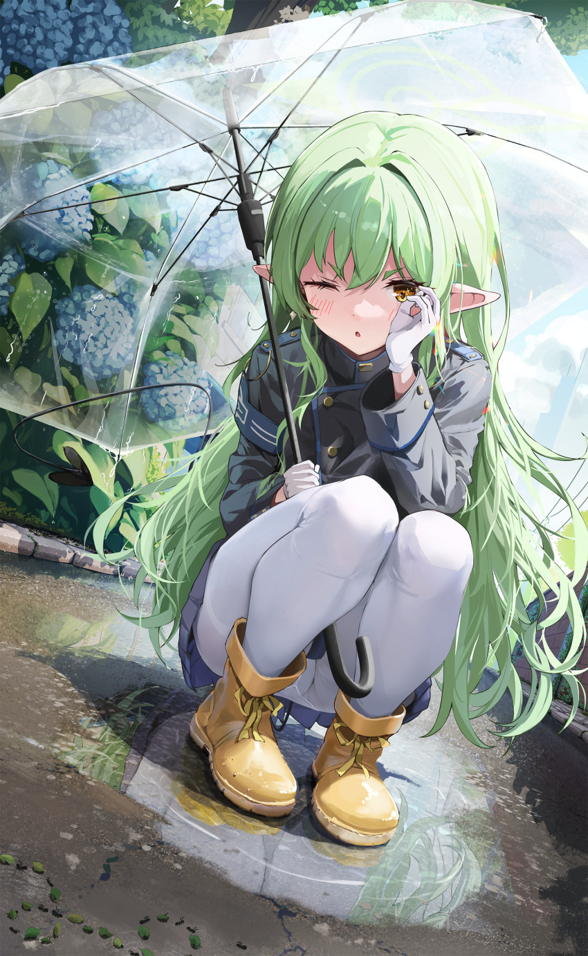 1girl absurdres black_tail blue_archive boots gloves green_hair haine_(artist) halo highres hikari_(blue_archive) holding holding_umbrella long_hair long_sleeves one_eye_closed pointy_ears puddle squatting train_conductor umbrella white_gloves yellow_boots yellow_eyes