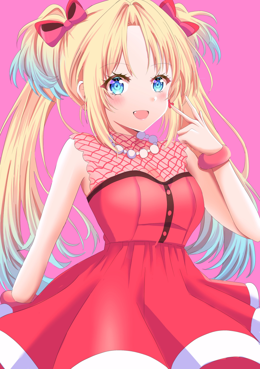 1girl absurdres bare_shoulders blonde_hair blue_eyes dress highres link!_like!_love_live! long_hair looking_at_viewer love_live! maymaru open_mouth osawa_rurino red_dress smile solo two_side_up