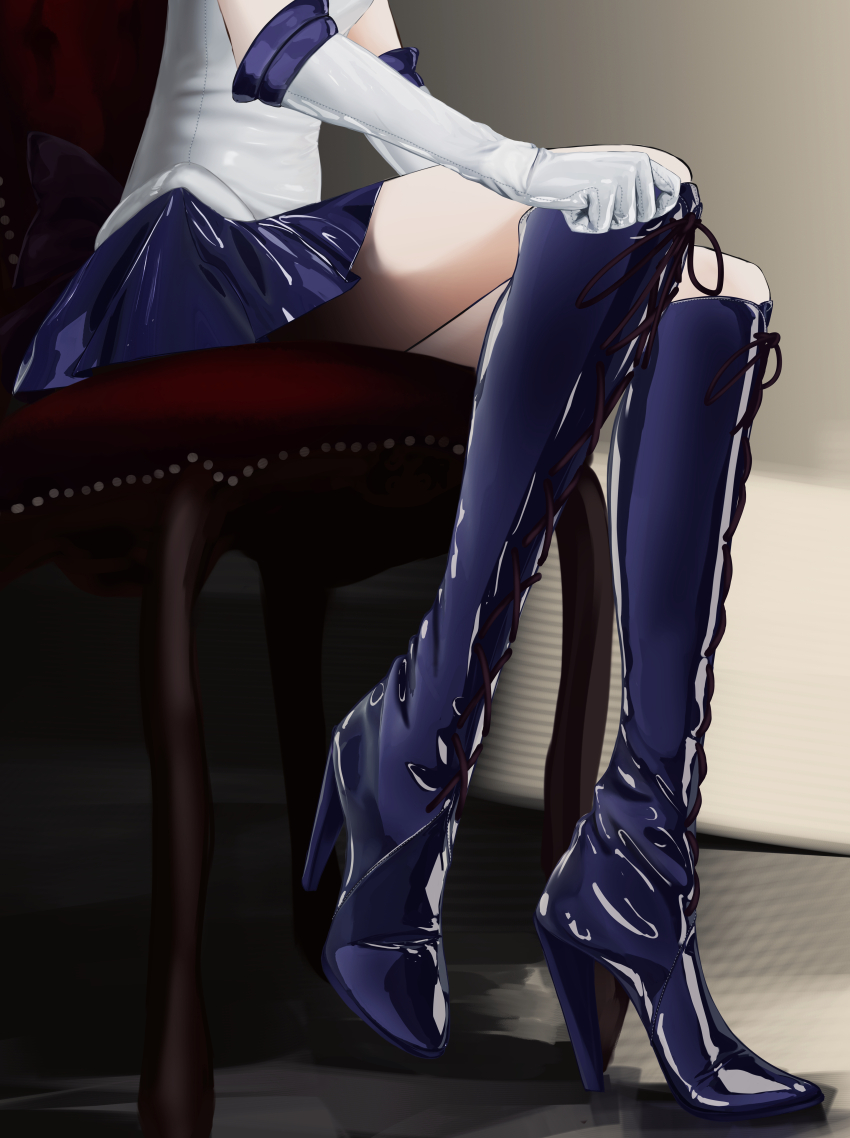 1girl absurdres bishoujo_senshi_sailor_moon blue_boots blue_skirt boots chair commission elbow_gloves gloves head_out_of_frame high_heel_boots high_heels highres knee_boots laces leotard magical_girl miniskirt nashi_(tw_nasi) patent_boots patent_heels pixiv_commission sailor_saturn sailor_senshi_uniform shiny_clothes shiny_footwear shiny_skirt sitting skirt solo stiletto_boots stiletto_heels thighs tomoe_hotaru white_gloves white_leotard