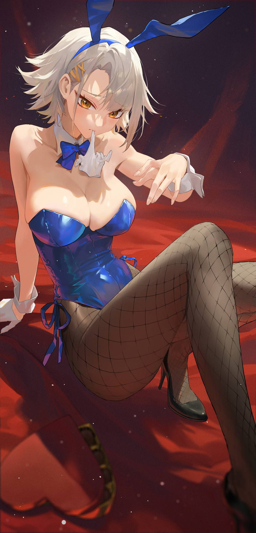 1girl absurdres animal_ear_hairband animal_ears arm_support armband black_pantyhose black_shoes blue_bow blue_bowtie blue_hairband blue_leotard blush bow bowtie box breasts brown_eyes chocolate cleavage commentary fake_animal_ears fishnet_pantyhose fishnets girls&#039;_frontline girls&#039;_frontline_2:_exilium glove_in_mouth gloves grey_hair hair_ornament hairband hairclip heart-shaped_box high_heels highres large_breasts leotard looking_at_viewer mouth_hold official_alternate_costume pantyhose playboy_bunny rabbit_ears red_background shoes short_hair solo strapless strapless_leotard ttk_(kirinottk) unworn_gloves vector_(girls&#039;_frontline) vector_(girls&#039;_frontline_2) white_gloves white_wrist_cuffs wrist_cuffs