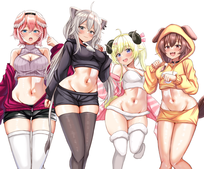 4girls ahoge animal_ears bare_shoulders black_thighhighs blonde_hair blue_eyes blush bone_hair_ornament breasts brown_eyes brown_hair choker cleavage_cutout clothing_cutout dog_ears dog_girl dog_tail ear_piercing fang grey_eyes grey_hair hair_between_eyes hair_ornament hairband hairclip head_wings highres hololive hood hood_down hood_up horns inugami_korone large_breasts lion_ears lion_girl lion_tail long_hair medium_breasts midriff multiple_girls navel nootomo o-ring o-ring_choker open_mouth piercing pink_hair purple_eyes sheep_ears sheep_girl sheep_horns shishiro_botan short_hair tail takane_lui thighhighs tsunomaki_watame very_long_hair virtual_youtuber white_background white_thighhighs wings